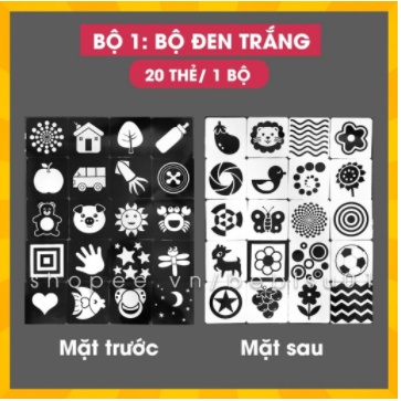 [Ko thấm nước] Bộ 20 Thẻ Kích thích Thị giác và Não phải cho bé từ 0-36 tháng, Khổ 21x21cm, In 2 mặt