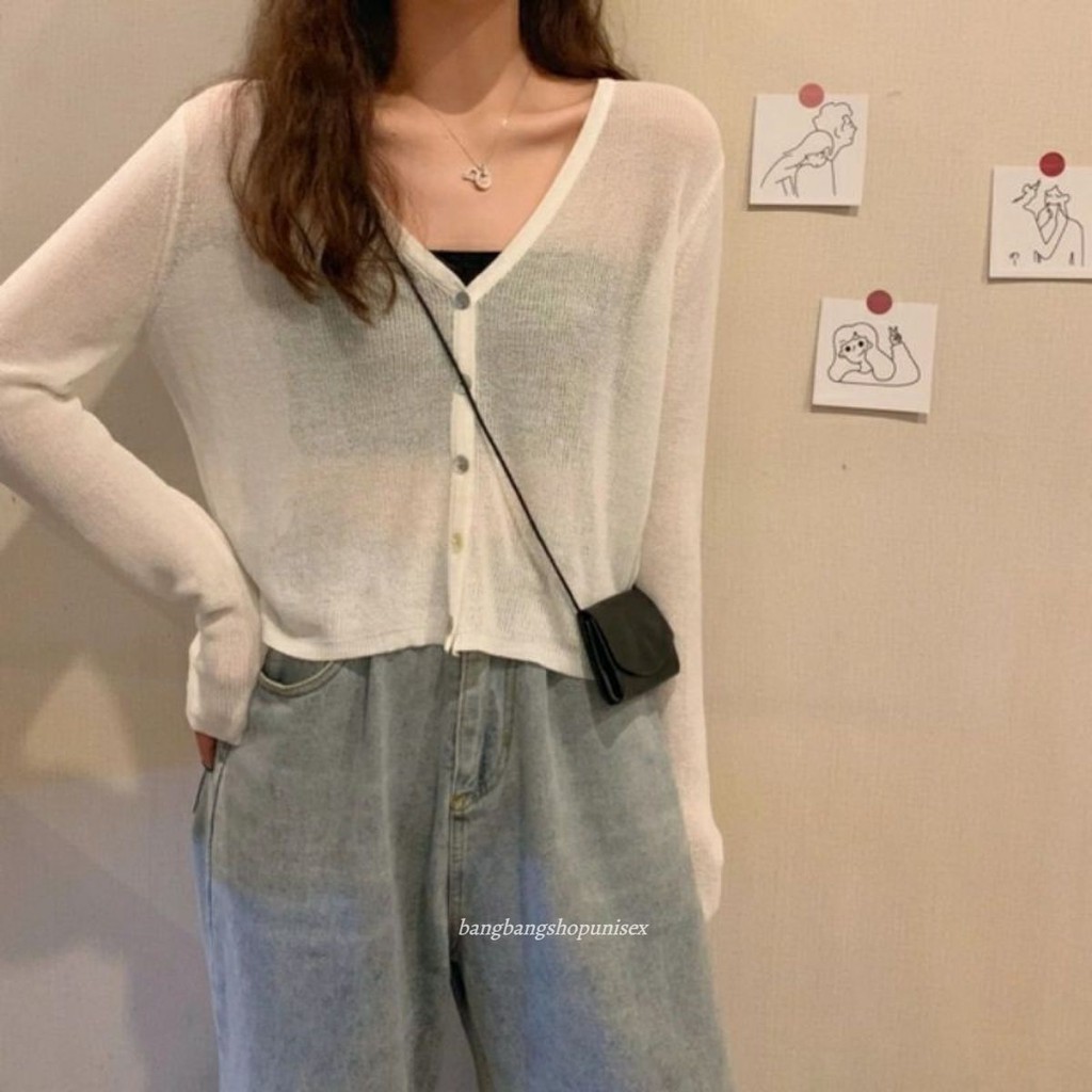 áo thun nữ vải mỏng áo khoác len cardigan mỏng tay dài cổ tim dễ thương thời trang