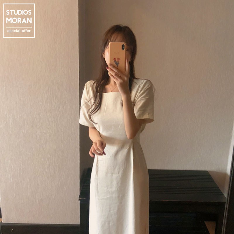 (ORDER) Váy MORAN cộc tay dáng dài đơn giản cổ vuông thắt eo nhẹ nhàng vintage Hàn Quốc
