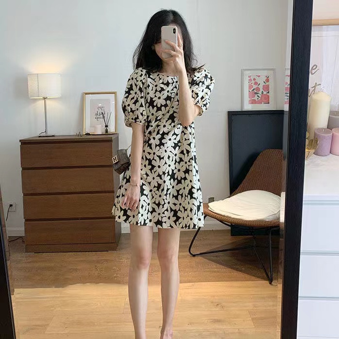 Đầm Tay Phồng Họa Tiết Hoa Phong Cách Retro Thời Trang Mùa Hè Hàn Quốc Cho Nữ