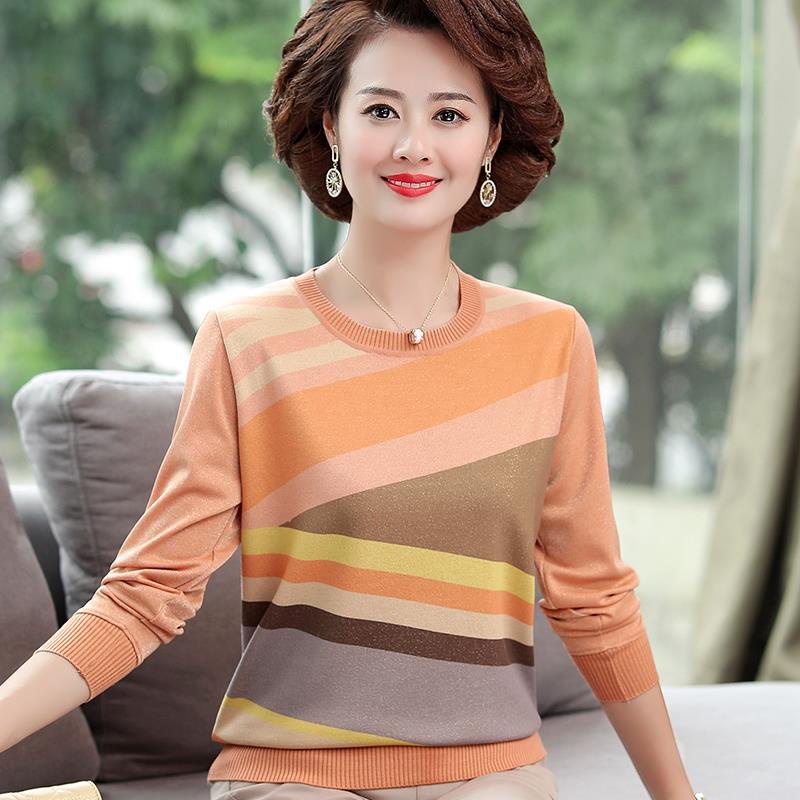 ▼◄Áo thun dài tay mùa thu cho mẹ, áo len dệt kim sọc cho phụ nữ trung niên, áo sơ mi nam thu đông cho người già, áo kiểu