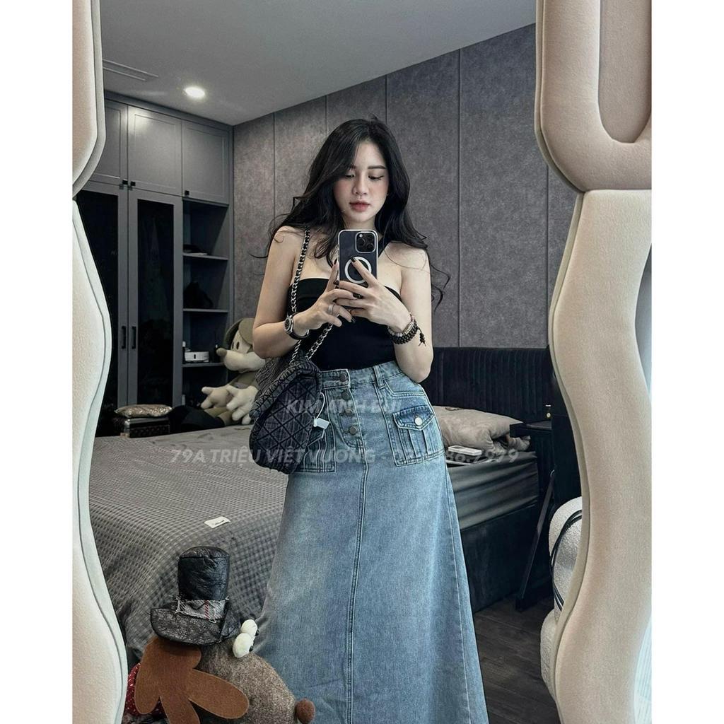 Chân váy bò dáng dài hàng cúc