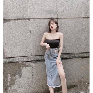 Chân váy jeans dài sẻ hot