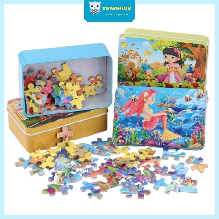 Đồ chơi xếp hình cho bé Tunakids tranh ghép hình puzzle 60 mảnh hộp sắt nhiều chủ đề giúp bé thông minh