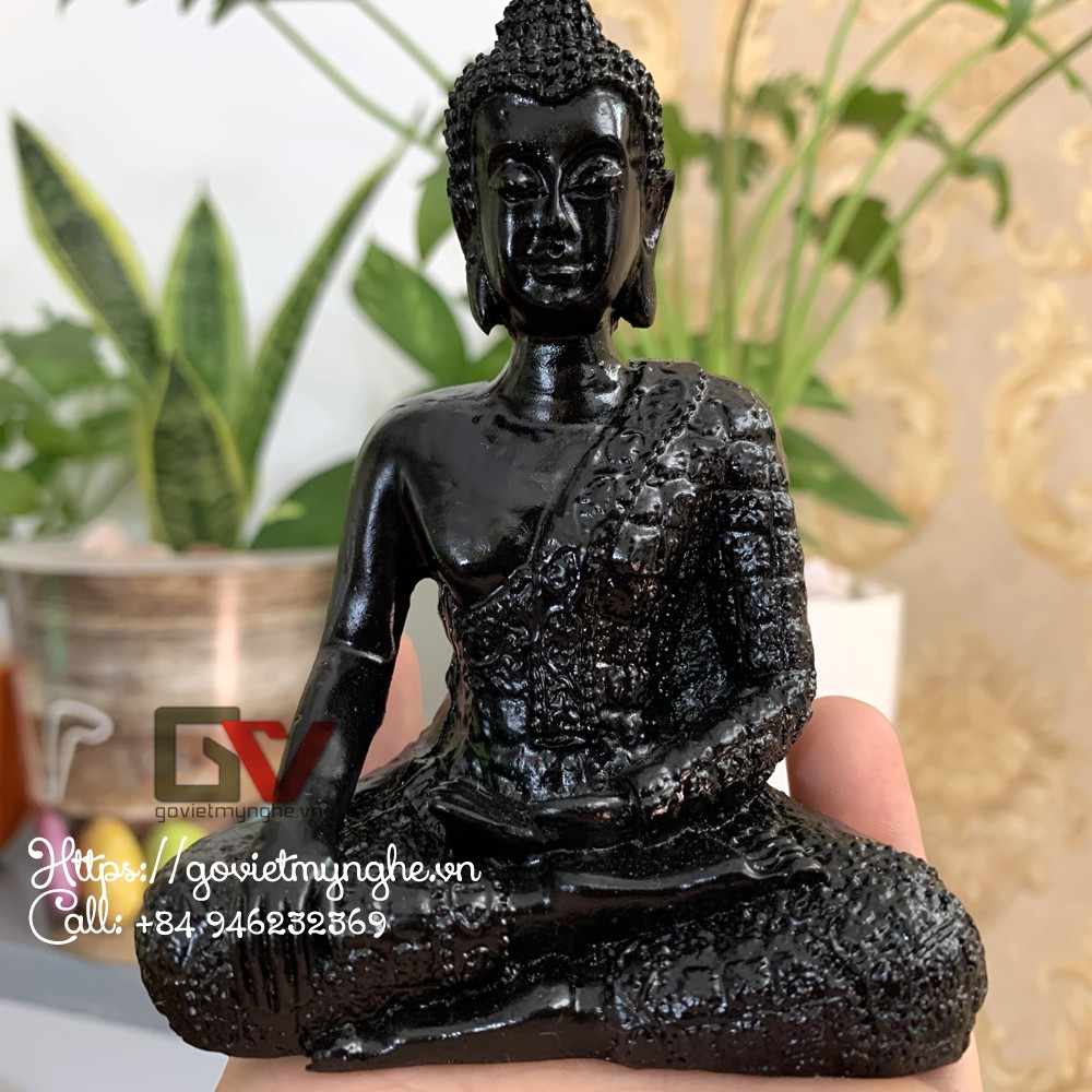 Tượng đá trang trí Tượng Phật Thái Thủ Ấn - Xúc Địa Ấn - Chiều cao 12cm - Màu đen