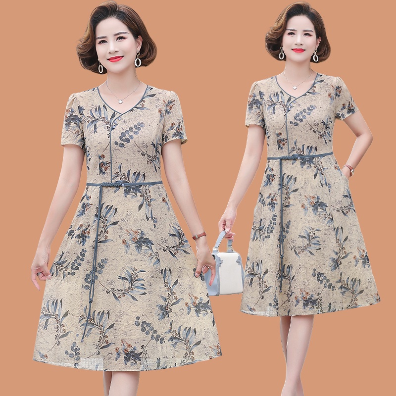 Đầm Tay Ngắn Cổ Chữ V In Họa Tiết Thời Trang Mùa Hè Cho Phụ Nữ Trung Niên 50 Tuổi