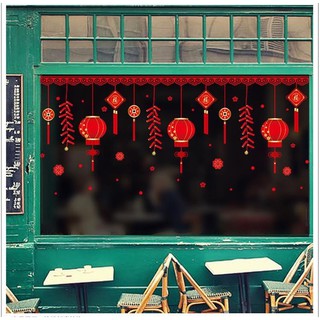 (B13)Decal trang trí tết, hình dán trang trí năm mới pháo đỏ đồng tiền lồng đèn may mắn khổ 60*90 (mẫu 3)