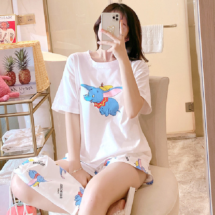 Bộ đồ ngủ cotton ngắn tay in họa tiết hoạt hình thời trang thu đông dễ thương dành cho nữ