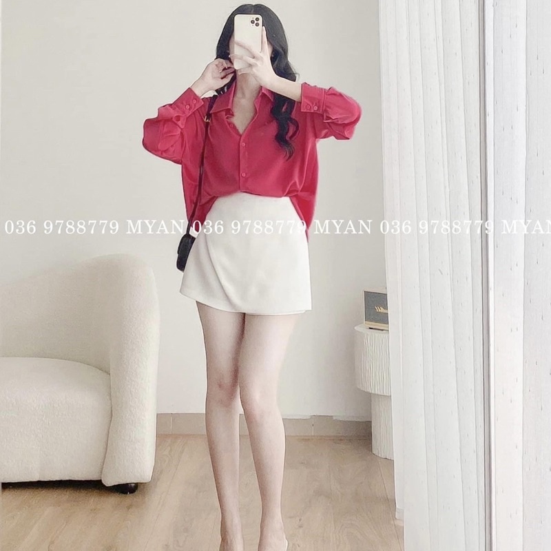 Set Áo Sơ Mi Hồng Mix Chân Váy Chữ A Trắng Dáng Rộng