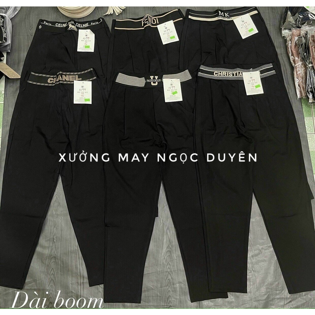 Quần baggy nữ dài xếp ly cạp cao thun chun in chữ dáng bom bo gấu - Vải Umi dày dặn màu Đen - Mặc ở nhà đi làm công sở