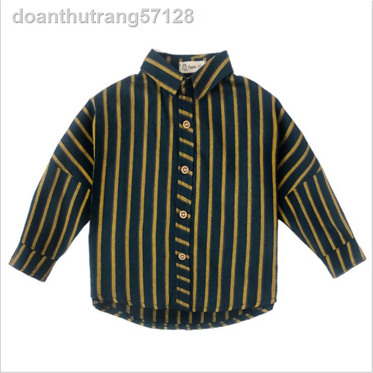 ☁ﺴ❧Mùa xuân phong cách Hàn Quốc cotton sọc mùa xuân dài tay màu đen dày ve áo sơ mi trẻ em nam