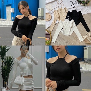 Áo croptop nữ tay dài phối dây cột cổ lạ mắt hot hit