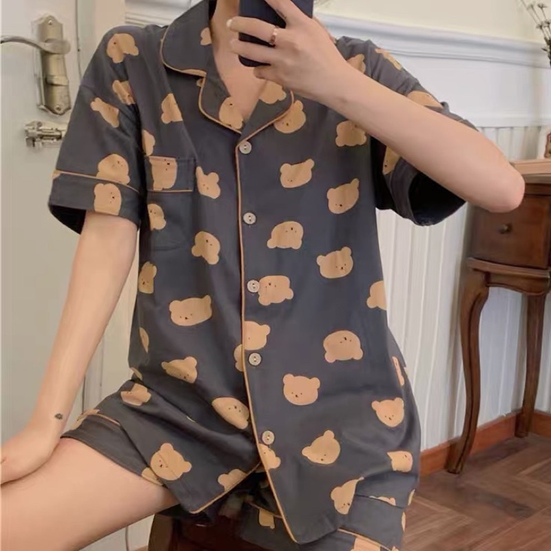 Đồ ngủ pijama gấu đen đồ mặc nhà cộc tay quần đùi hè thu Hàn Quốc ullzang