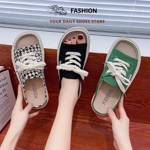 Dép Sục Nữ Vải Hở Mũi Đế Bánh Mì Cao 3cm, Dép Thời Trang Nữ Buộc Dây Thể Thao Kiểu Dáng Hàn Quốc Trẻ Đẹp
