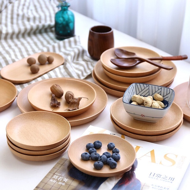 Khay Gỗ Hình Tròn Hình Vuông Đựng Bánh Hoa Quả 12cm