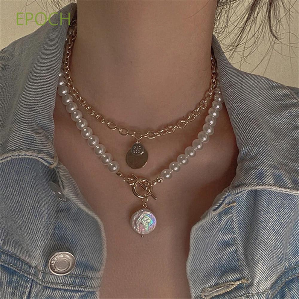 Epoch Set 2 Vòng Cổ Choker Bằng Kim Loại Hai Lớp Đính Ngọc Trai Phong Cách Hip Hop Thời Trang Cho Nữ