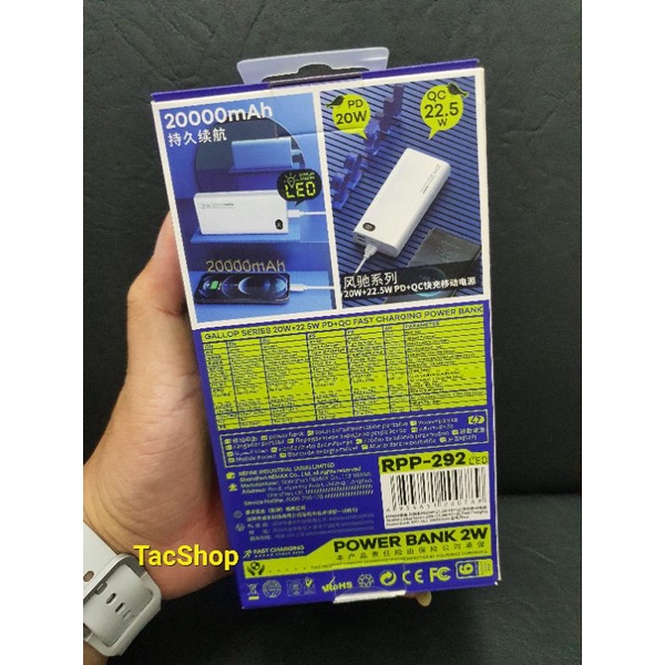 Pin sạc dự phòng Remax RPP-292 dung lượng 20000mAh hỗ trợ sạc nhanh 22.5W - BH 12 tháng