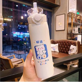 Bình giữ nhiệt cute 500ml bình nước inox 304 họa tiết dễ thương có ống hút