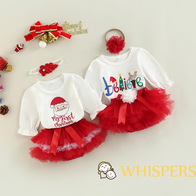 Set Áo Thun Tay Dài In Hình Ông Già Noel / Chữ Kèm Quần Short Và Băng Đô Phối Lưới Thời Trang Giáng Sinh Cho Bé Gái
