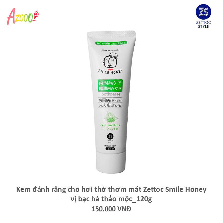 Kem đánh răng cho hơi thở thơm mát Zettoc Smile Honey vị bạc hà thảo mộc Nhật Bản