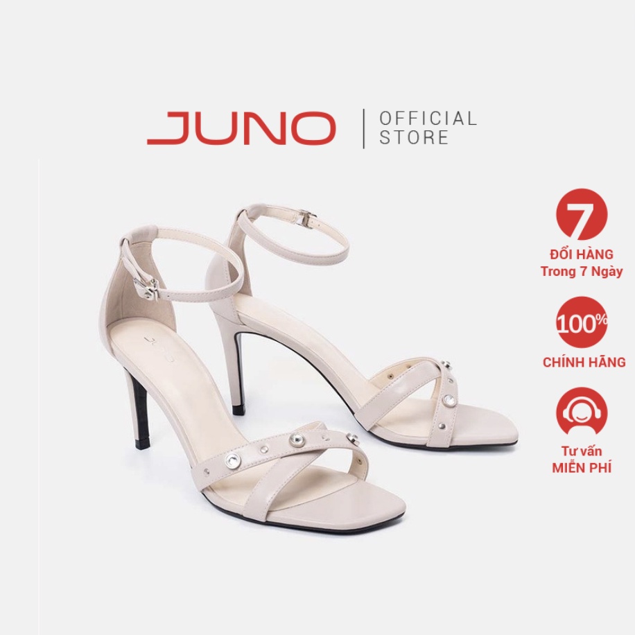 Giày Sandal Cao Gót 9cm JUNO Thời Trang Mũi Vuông Đính Đá Trang Trí SD09099