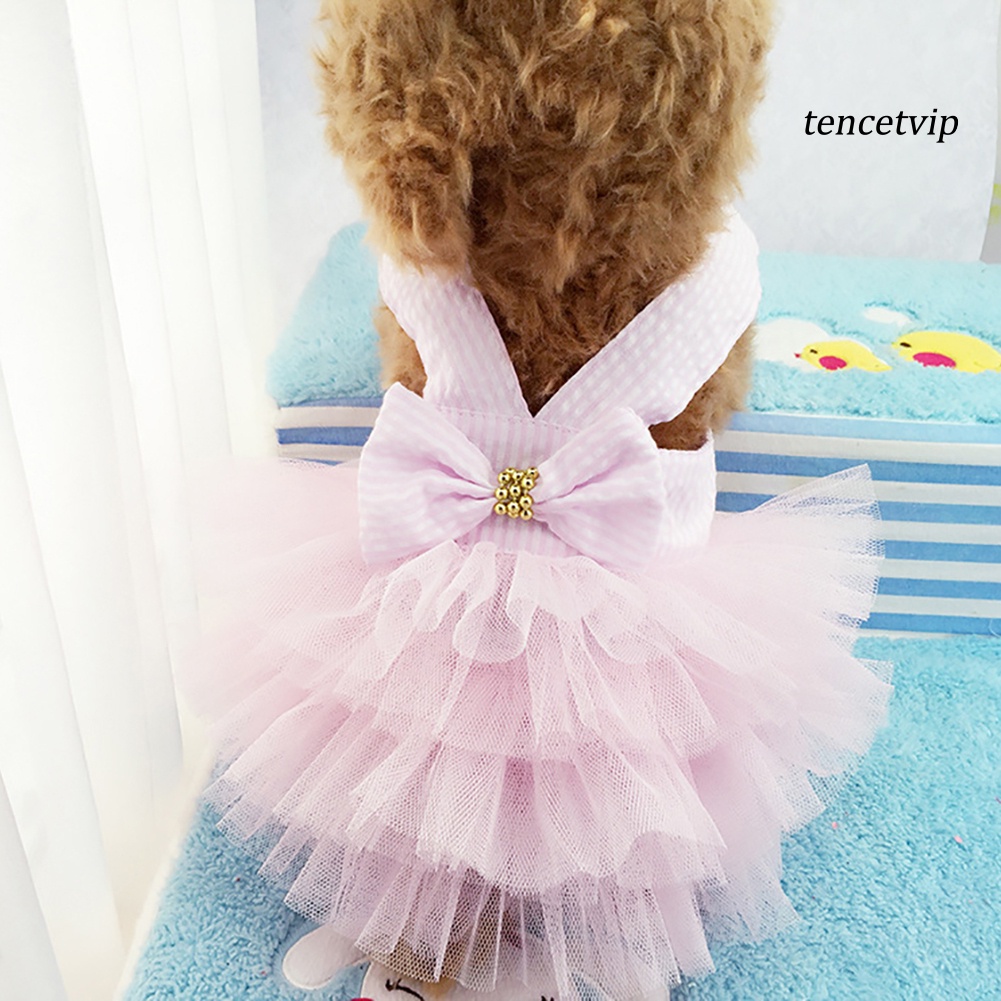Đầm tutu xòe kẻ sọc vải tuyn phối nơ thời trang mùa hè cho cún cưng