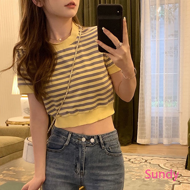 Áo Thun Ngắn Tay Kẻ Sọc Thời Trang Mùa Hè Pháp Cho Nữ