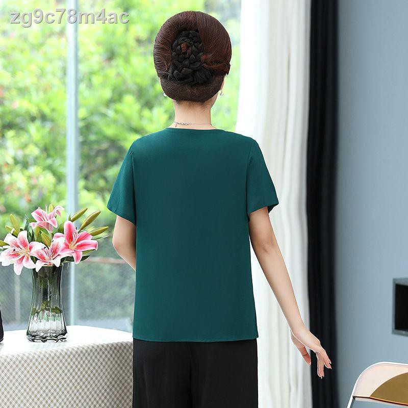 áo sơ mi nữ vải lanh và cotton mới mùa hè phông ngắn tay mỏng hình chữ V thêu cổ tròn phù hợp với mẹ trung niê