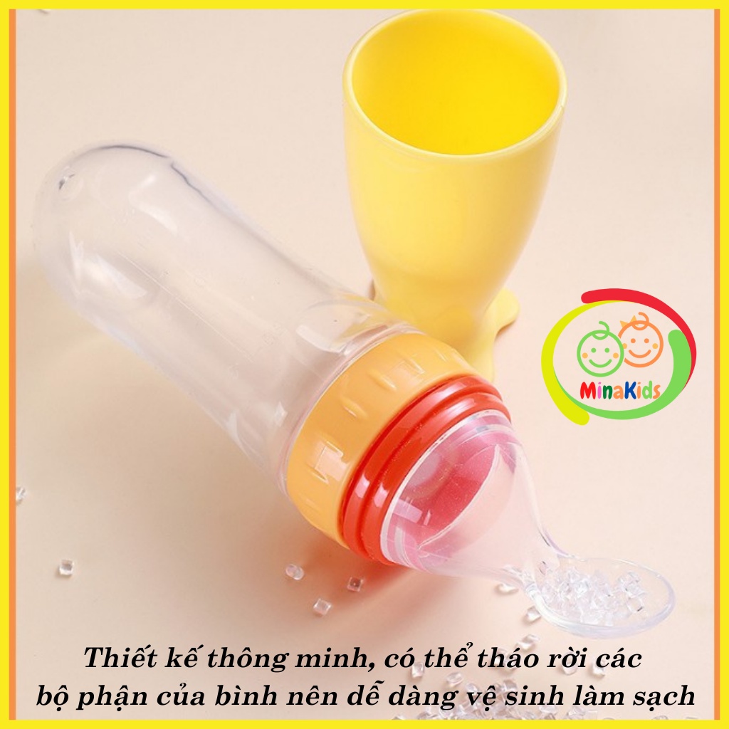 Bình Thìa Ăn Dặm Silicon Siêu Mềm Đút Cháo Cho Bé Dung Tích 90ml Có Nắp Chống Tràn Tiện Lợi An Toàn BAD02 Minakids