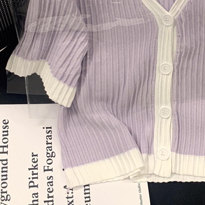 Áo cardigan Dệt Kim Tay Phồng Ngắn Cổ Chữ v Màu Tím Thời Trang Mùa Hè Cho Nữ
