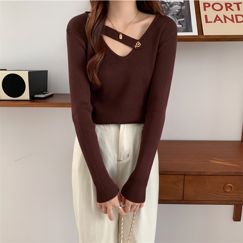 【HangFei】Áo Sweater Dệt Kim Tay Dài Cổ V Thiết Kế Quyến Rũ Cá Tính