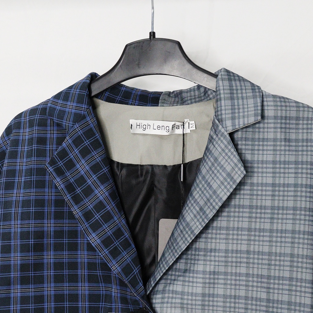 Áo khoác Blazer sọc Caro mix không cân xứng Unisex cho nam nữ thời trang độc đáo