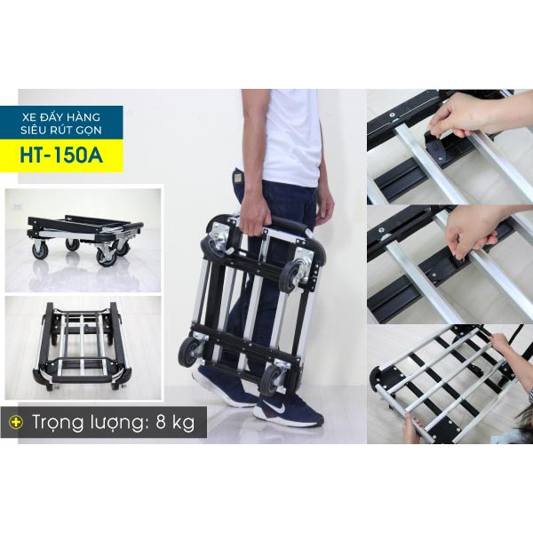 Xe đẩy hàng 4 bánh siêu rút gọn điều chỉnh sàn Advindeq HT-150A (tải trọng 150kg, sàn xe rút siêu gọn,bánh có chốt hãm)