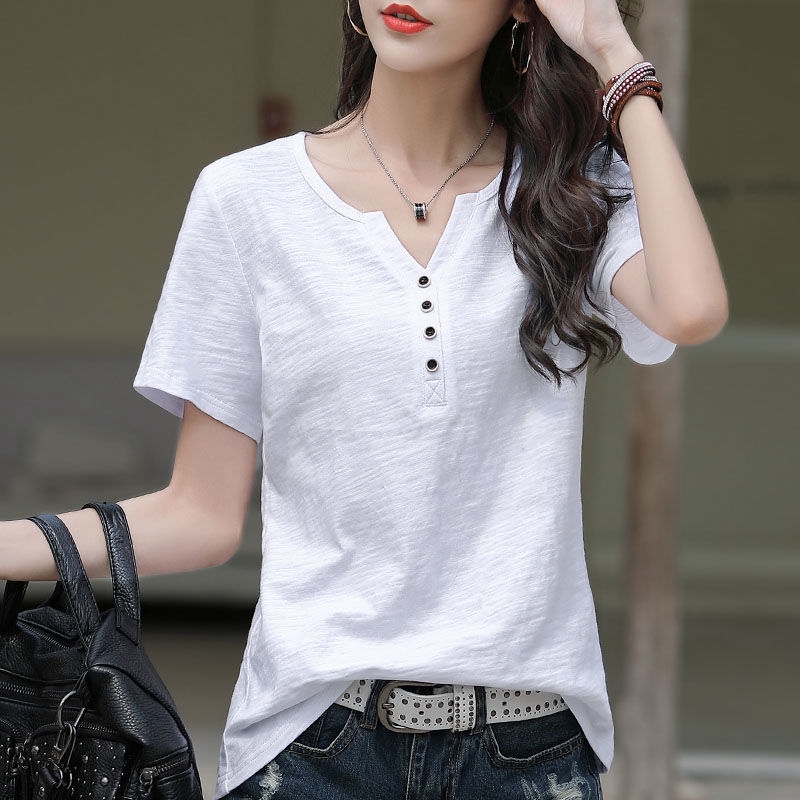 Áo Thun Nữ Ngắn Tay Cổ Chữ V Form Rộng Thời Trang