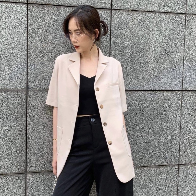 Áo blazer nữ 1 lớp dáng dài tay ngắn 4 khuy dọc hàng thiết kế Huien Design thời trang công sở trẻ trung, màu sắc