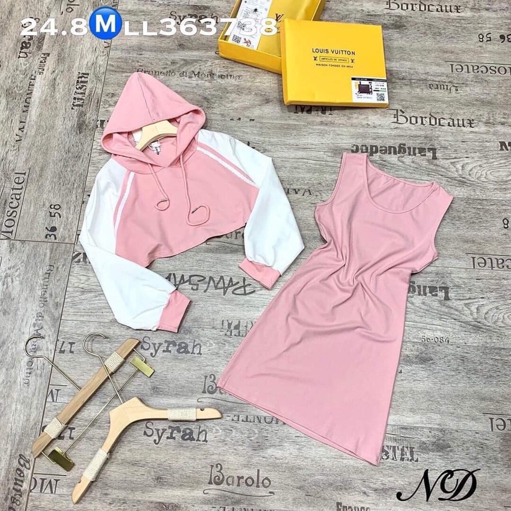 SET ÁO CROPTOP HOODIE TAY DÀI NÓN - ĐẦM ÔM BODY NGẮN SÁT NÁCH - MUA 1 ĐƯỢC 2
