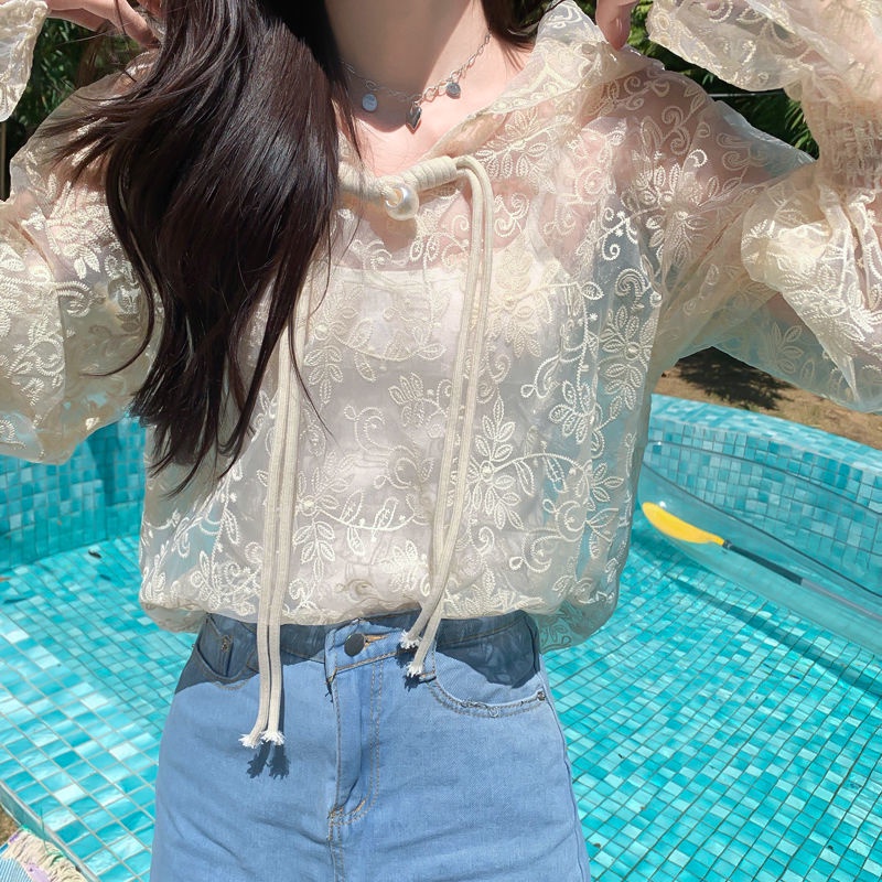 Áo Khoác Ren Lưới Trong Suốt Có Nón Trùm Đầu Chống Nắng Thời Trang Cho Nữ