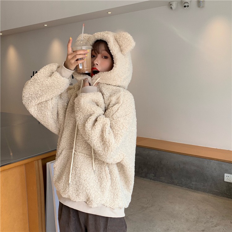 (ảnh thật, Full size) áo hoodie nỉ lót bông xù nữ tai gấu dễ thương ulzzang