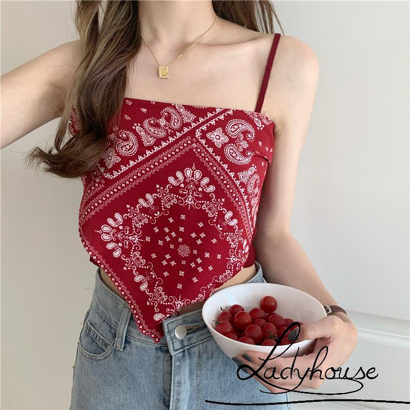 Áo Hai Dây Spaghetti Họa Tiết Paisley Mùa Hè Màu Trắng / Đỏ / Đen / Xanh Dương