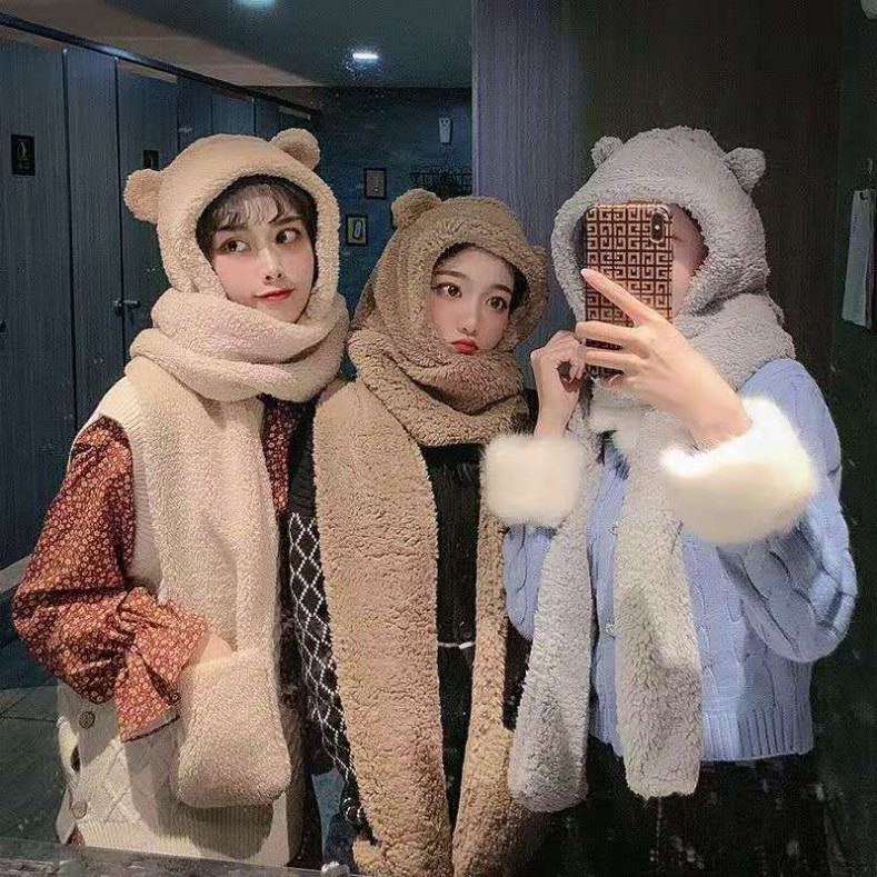 Mũ lông cừu tai gấu kèm khăn quàng cổ và găng tay ấm áp ulzzang Hàn Quốc cho nữ mùa thu đông - Xinh Xinh Accessories