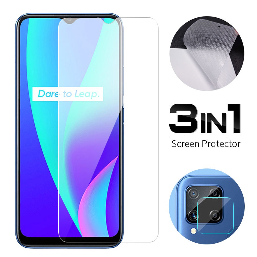 3 Trong 1 Kính cường lực + Miếng dán Cacbon + Kính Cường Lực Bảo Vệ Camera Sau Cho Realme 7 7 Pro 7i C2 C3 C11 C12 C17 6 6i 6 Pro