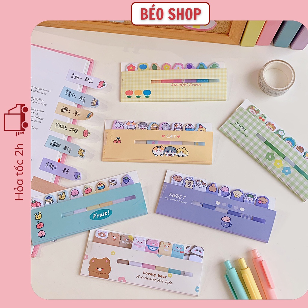 Set giấy nhớ ghi chú sticky note đánh dấu tab phân trang Béo Shop sổ tay từ điển nhiều màu họa tiết hoạt hình đáng yêu