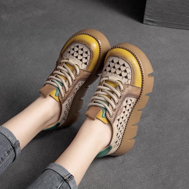 Giày thể thao sneaker La Mã cổ cao nữ 5 cm mũi tròn đế cao dây buộc sườn hở đế vân dọc thời trang cá tính &329