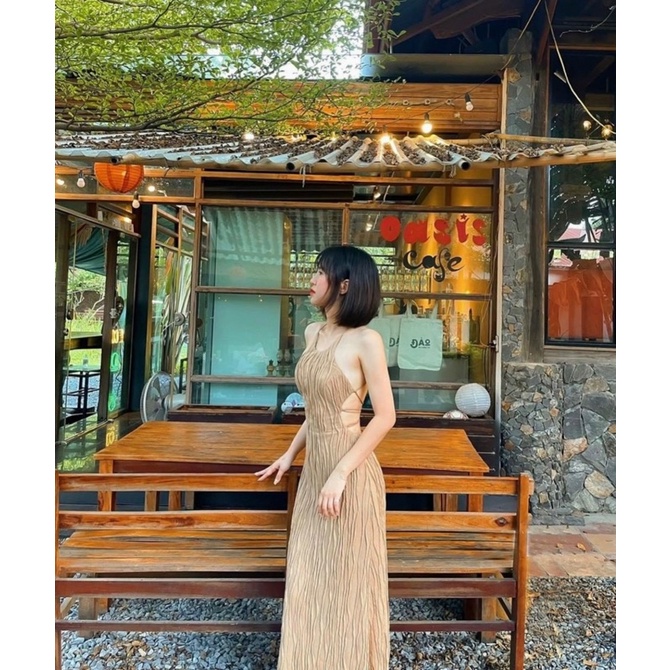 Đầm maxi nude đan dây lưng