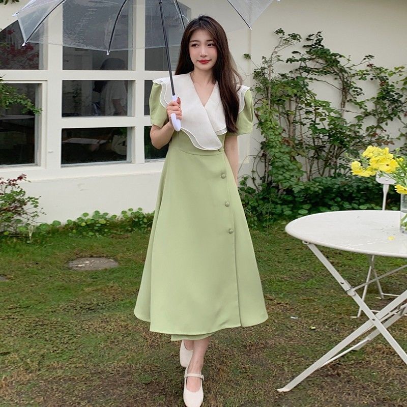 Đầm Chữ A Tay Phồng Phối Bèo Thời Trang Mùa Hè Phong Cách Pháp Sang Trọng Cho Nữ