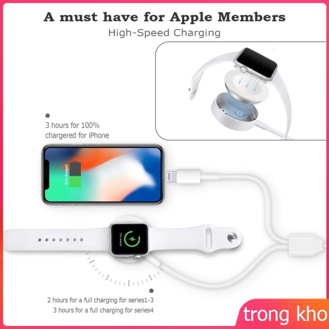 Bộ sạc không dây 2 trong 1 cho đồng hồ Apple 1 2 3 4 nam châm USB dây cáp dài 1M