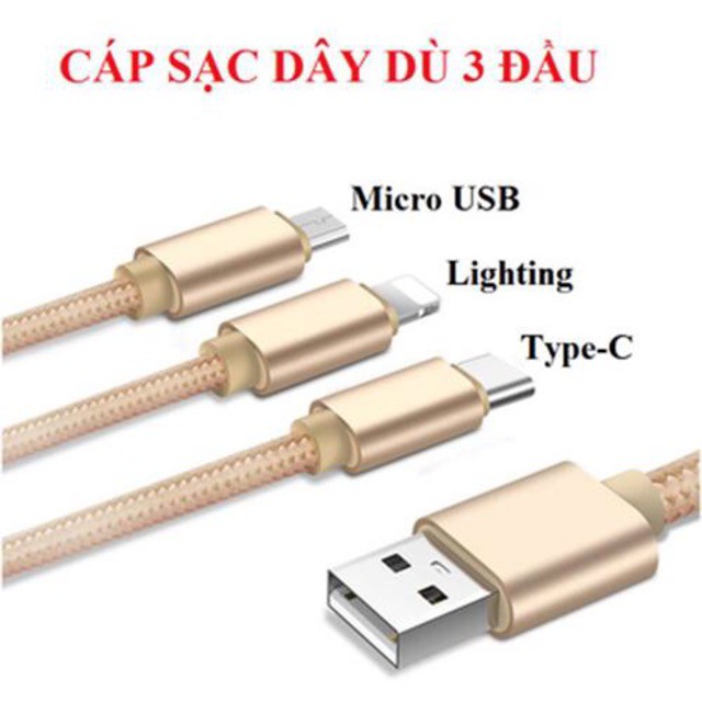 CÁP SẠC 3 đầu 3 in 1: đầu Type-C,  đầu Micro USB,  đầu Lightning