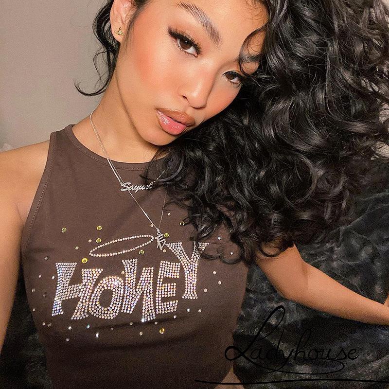 Áo Croptop Không Tay Cổ Tròn Đính Đá Sáng Lấp Lánh Dành Cho Nữ