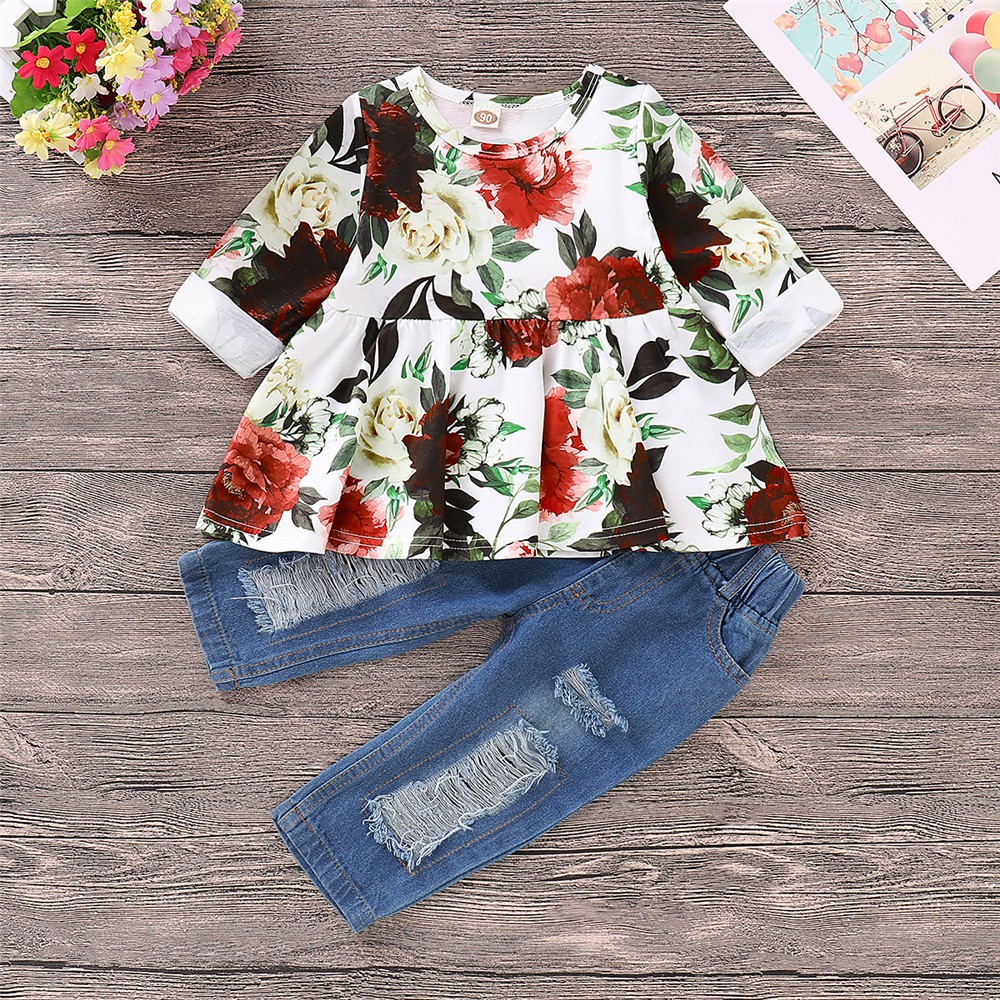 Set đồ Mikrdoo áo tay ngắn/dài in hoa với quần chất denim đáng yêu cho bé gái (tự chọn)