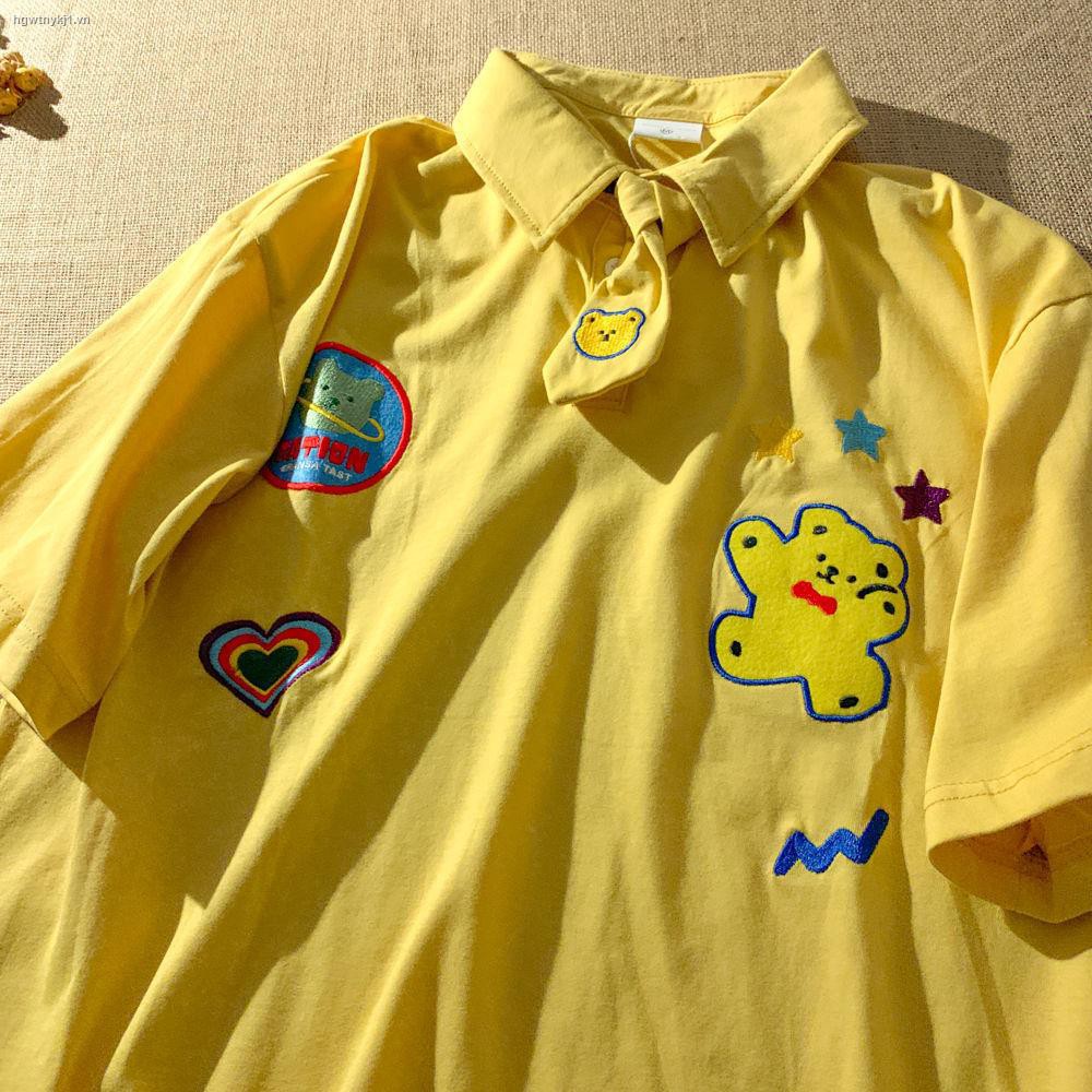 ❧✳№Super cute pattern embroidery polo shirt short sleeve T-shirt female cartoon Harajuku style couple design sense lapel top trend